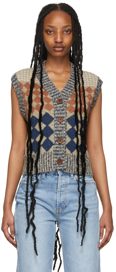Re/done 50s Diamond-jacquard Linen-blend Cardigan Waistcoat In Multi