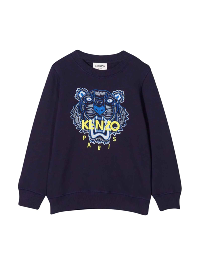 Kenzo Blue Teen Boy Sweatshirt With Front Embroidered Tiger Motif, Crew Neck, Long Sleeves And Straight He