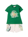 KENZO NEWBORN TWO-PIECE SET WITH GREEN T-SHIRT AND GRAY SHORTS, WITH FRONT PRINT, ROUND NECKLINE, BUTTONIN