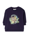 Kenzo Newborn Blue Sweatshirt With Front Logo Embroidery, Round Neck, Long Sleeves, Buttoning On The Shoul In Blu