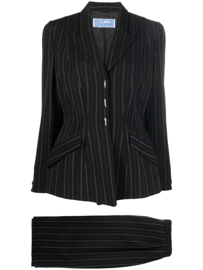 Pre-owned Mugler 1980s Striped Single-breasted Skirt Suit In Black