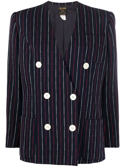 Pre-owned Celine 1980s  Striped Double-breasted Blazer In Blue