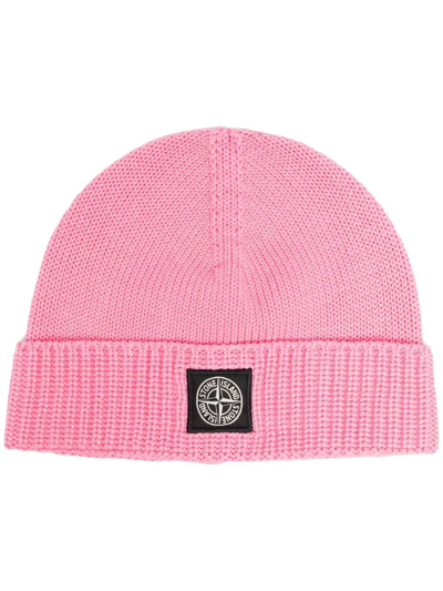 Stone Island Junior Kids' Logo-patch Beanie In Pink