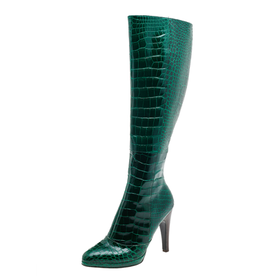 Pre-owned Ferragamo Green Alligator Leather Knee Length Boots Size 39