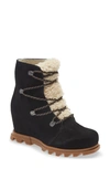 Sorel Joan Of Arctic Iii Genuine Shearling Trim Waterproof Wedge Boot In Black Sea Salt