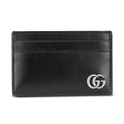 Gucci 【欧洲直购】古驰 21春夏新款gg Marmont系列 男士黑色光滑皮革银色双g装饰卡包卡片夹 In Black