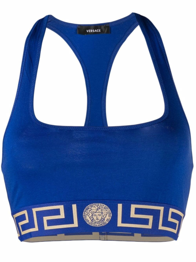 Versace Greca-jacquard Cotton-blend Jersey Bra In Blue