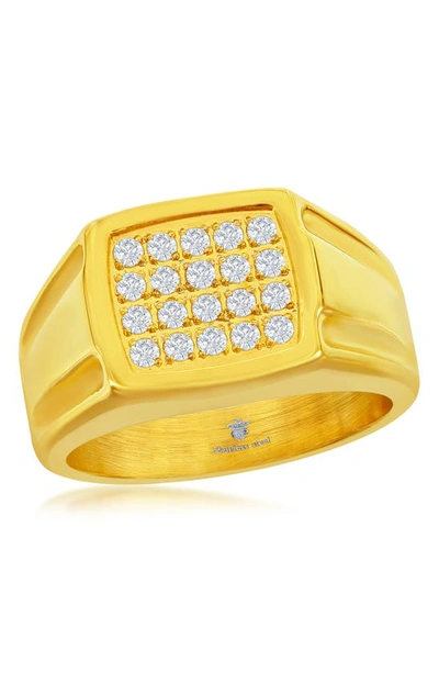 Blackjack Stainless Steel Pavé Cz Square Ring In Gold