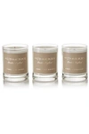 BURBERRY BEAUTY PURPLE HYACINTH, HIGHLAND BERRY AND ENGLISH ROSE SET OF THREE SCENTED CANDLES, 3 X 65G