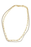 ADORNIA WATER RESISTANT 14K GOLD PLATED CZ TENNIS CHAIN & PAPERCLIP CHAIN NECKLACE SET