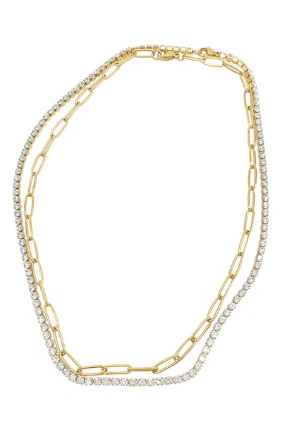 Adornia Water Resistant 14k Gold Plated Cz Tennis Chain & Paperclip Chain Necklace Set In Yellow