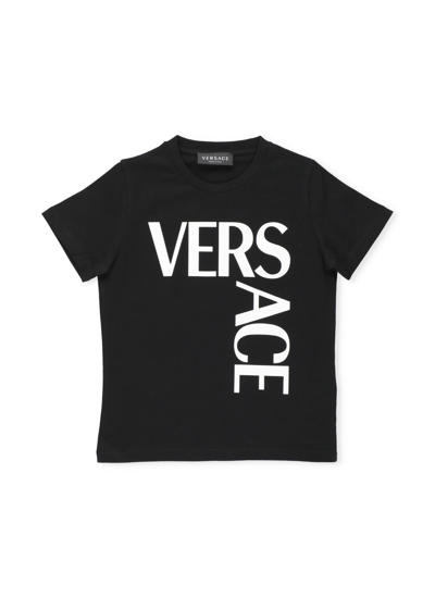 Versace Kids' Black Cotton Logo T-shirt In Nero+bianco