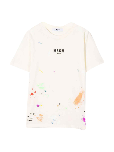 Msgm White Teen Unisex T-shirt With Print In Panna