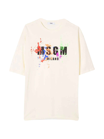 Msgm Kids' White Unisex T-shirt With Print In Panna