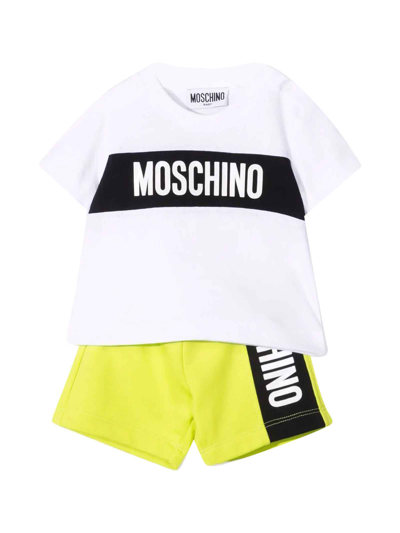Moschino Babies' White And Yellow Suit With Black Print In Bianco/lime