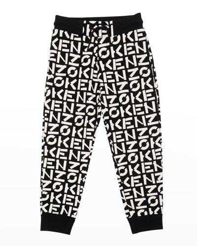 Kenzo Kids' Boy's Allover Logo Monogram Fleece Pants In 09b-black