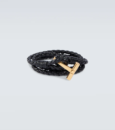 Tom Ford Braided Leather Bracelet In Black+gold