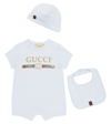 GUCCI BABY COTTON BODYSUIT, BIB AND HAT SET