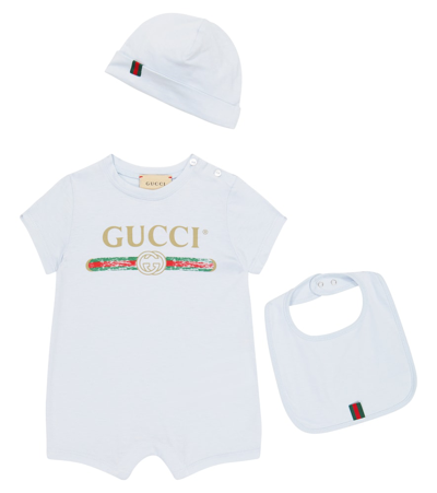 Gucci Baby Cotton Bodysuit, Bib And Hat Set In White