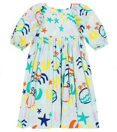 Stella Mccartney Kids' Printed Puff-sleeve Cotton Dress In Celeste/multicolor