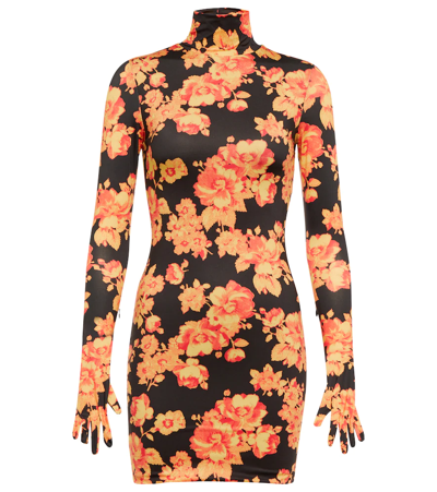 Vetements High-neck Floral Jersey Minidress In Black/orange