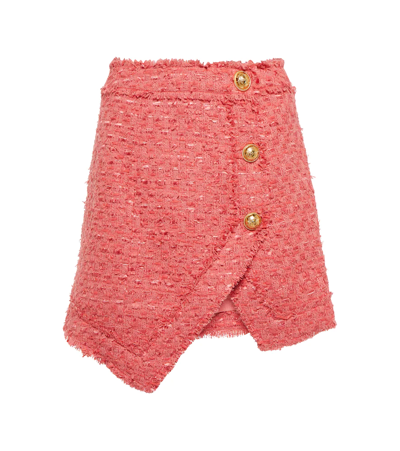 Balmain Tweed Miniskirt With Logoed Buttons In Rose Saumon