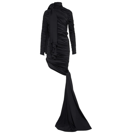 Balenciaga Twisted Knots Long Sleeve Ruched Body-con Dress In Black