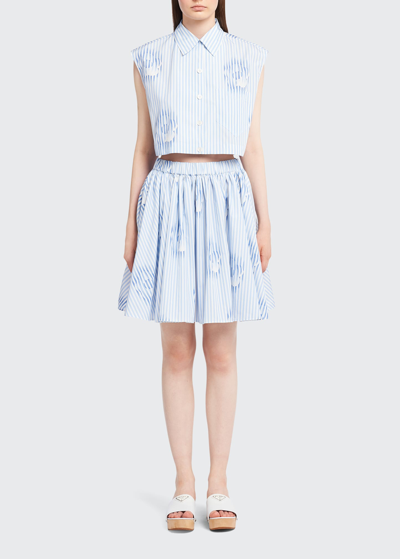 Prada Flower-motif Poplin Skirt In F0076 Celeste
