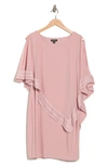 Slny Foil Trim Asymmetrical Popover Capelet Sheath Dress In Faded Rose Silver