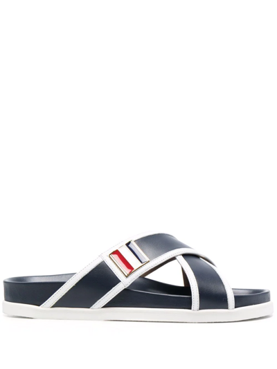 Thom Browne Navy Vitello Calf Leather Enamel Buckle Criss Cross Sandal In Blue