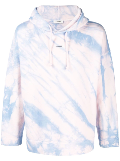 Sandro Tie-dye Logo-embroidered Cotton-fleece Hoody In Blue