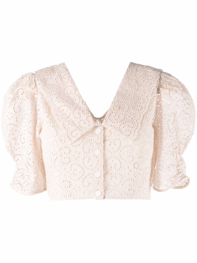 Sandro Linda Broderie-anglaise Organic-cotton Shirt In Pink / Ecru