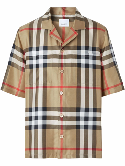 Burberry Brown Bowling Shirt With All-over Checkered Print In Silk Man In Multi