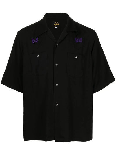 Needles Convertible-collar Logo-embroidered Twill Shirt In Black