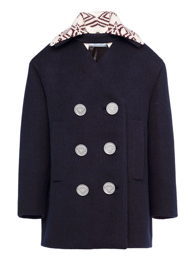 Prada Long-sleeve Double-breasted Coat In Blue