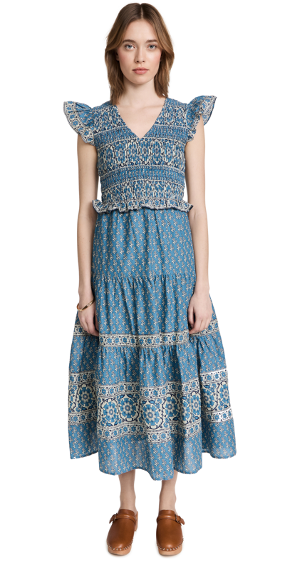 Sea Smocked Tiered Midi Dress In Blue