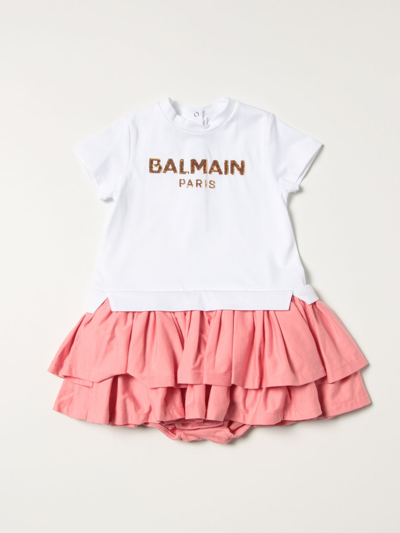 Balmain Babies' Cotton Romper Dress With Logo In White