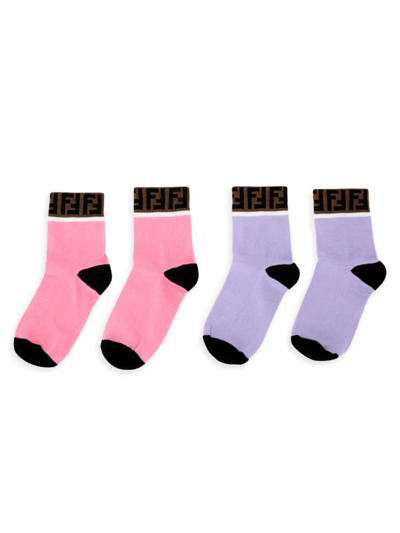 Fendi Kids' 2-pack Logo Trim Socks In Lilac Pink