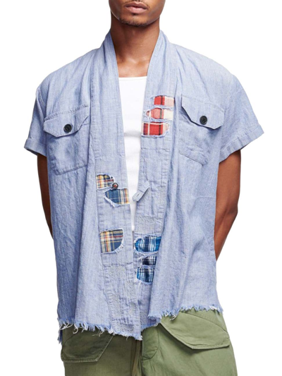 Greg Lauren Distressed Cotton-chambray Short-sleeved Shirt In Blue