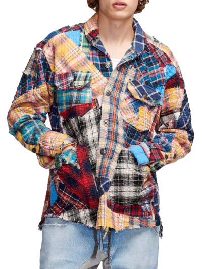 Greg Lauren Plaid Stitchwork Boxy Shirt In Multi