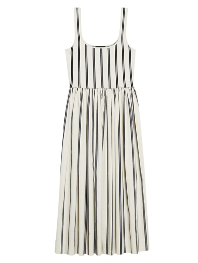Theory Striped Gathered Cotton-poplin And Stretch-knit Midi Dress In Neutral