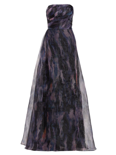 Rene Ruiz Collection Printed Organza Strapless Gown In Black Multi