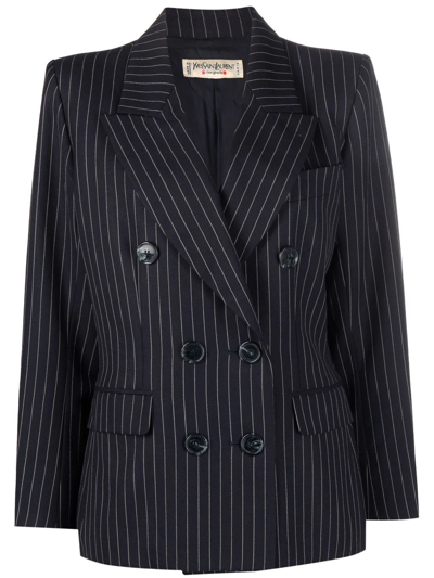 Pre-owned Saint Laurent 1990s Striped Double-breasted Blazer In Blue