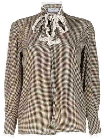 Pre-owned Valentino 2000s Houndstooth-print Pussybow Blouse In Brown