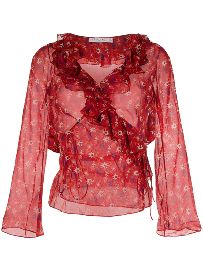 Pre-owned Dior 2010  Floral-print Ruffled Wrap Blouse In Red