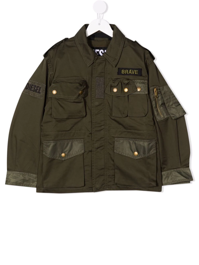 Diesel Kids' Cotton Gabardine Jacket In Military Green