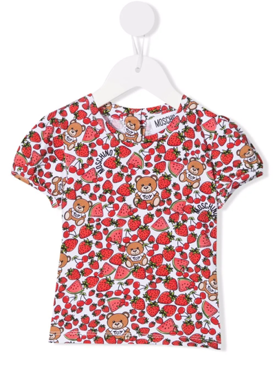 Moschino Babies' Strawberry-print T-shirt In Bianco