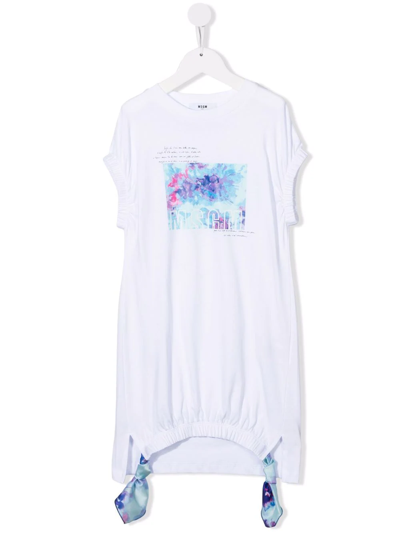 Msgm Kids' Printed Cotton Jersey T-shirt Dress In White