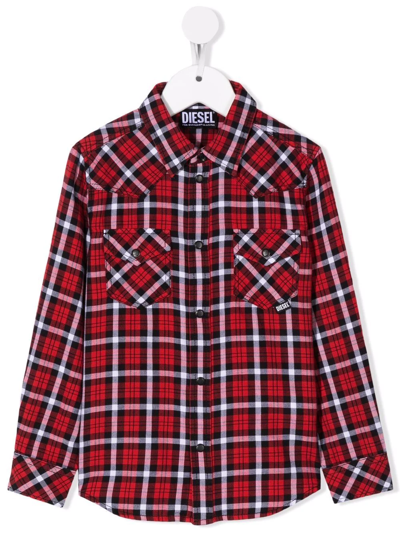 Diesel Kids' Tartan-pattern Long-sleeve Shirt In Rosso