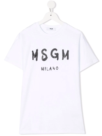 Msgm Kids' Logo印花棉质t恤式连衣裙 In White